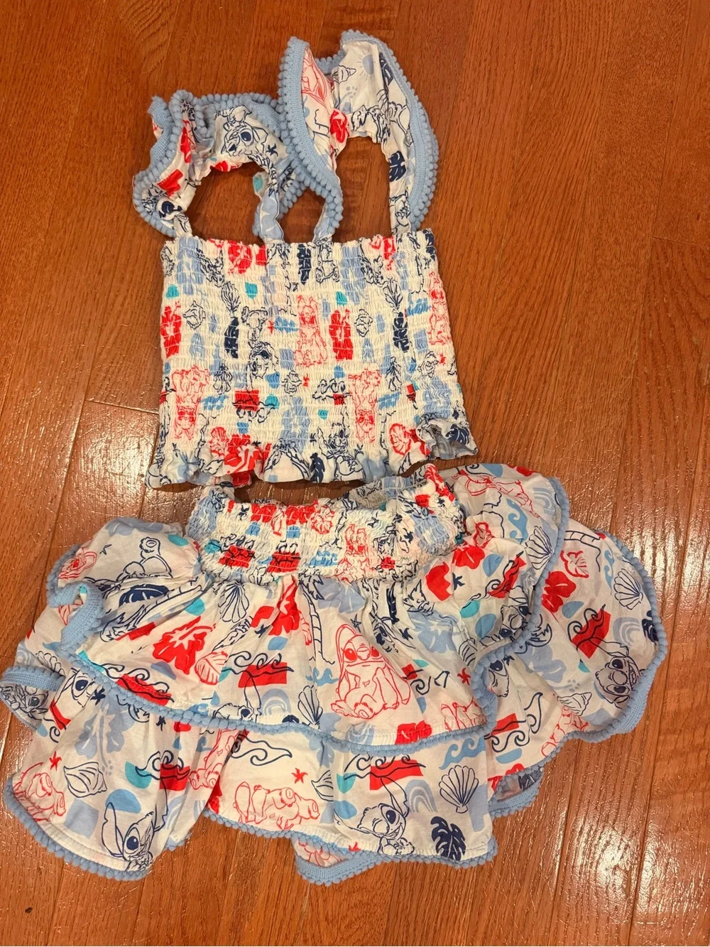 Girls Blue & Red Smocked Ruffle Two-Piece Set Disney lilo and stitch